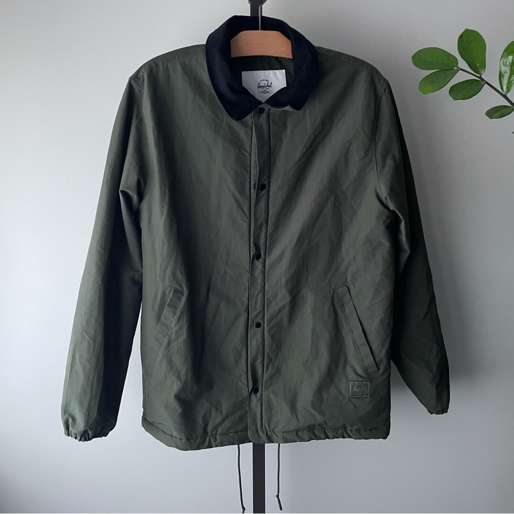 Men's Olive Green Coach Jacket with Black Collar